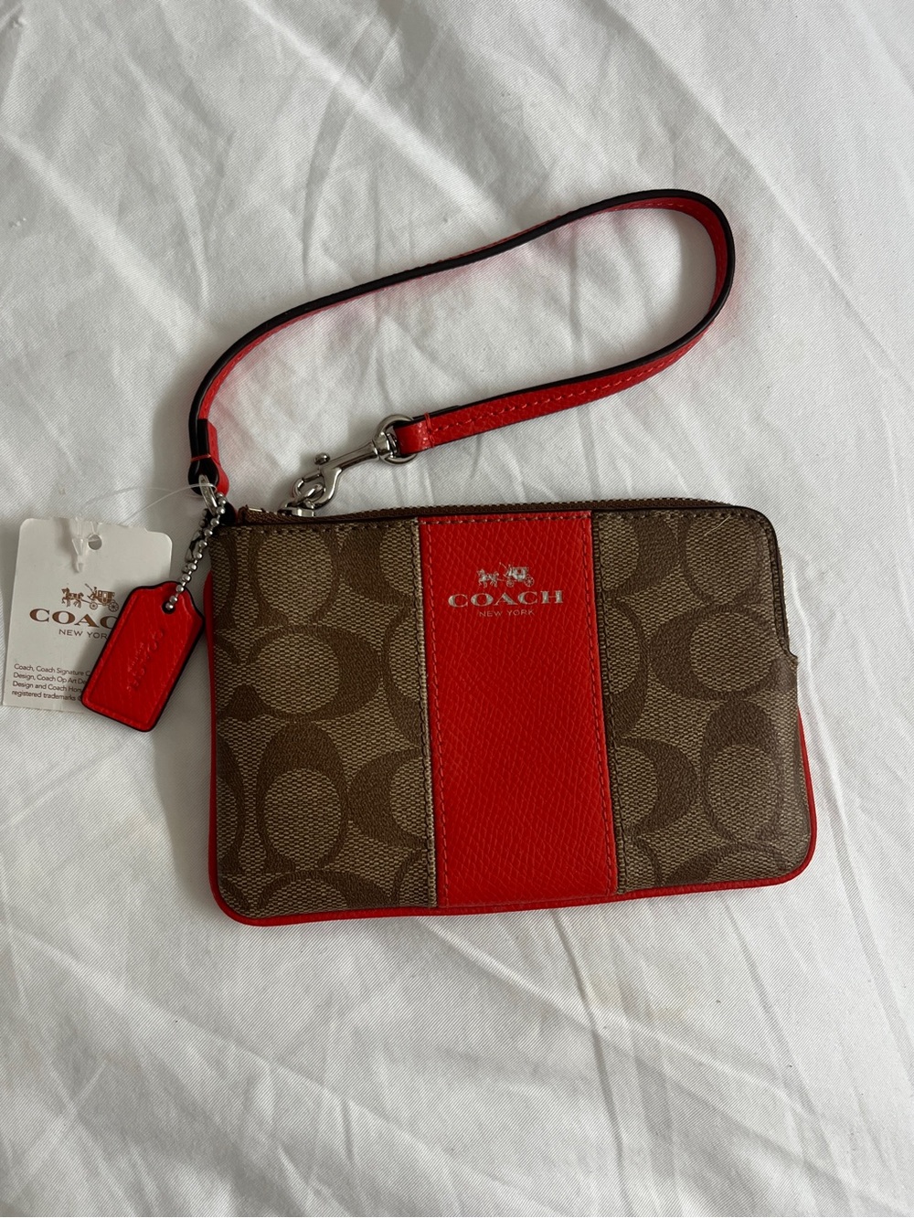 Coach Brown Signature Canvas Wristlet with Red Leather Trim
